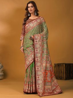 Akhilam - Viscose Printed Green Saree with Unstitched Blouse