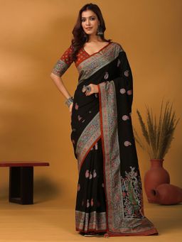 Akhilam - Women Viscose Black Printed Saree with Unstitched Blouse