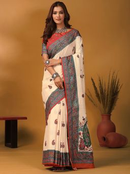 Akhilam - Women Off White Saree with Unstitched Blouse