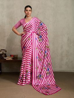 Akhilam - Women Satin Pink Saree with Unstitched Blouse