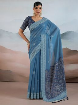Akhilam - Pure Cotton Blue Saree with Unstitched Blouse