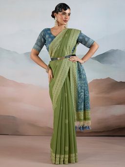 Akhilam - Pure Cotton Green Saree with Unstitched Blouse