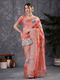 Akhilam - Women Cotton Pink Saree with Unstitched Blouse