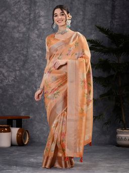 Akhilam - Chanderi Cotton Orange Saree with Unstitched Blouse