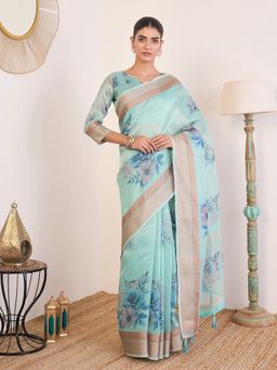 Akhilam - Chanderi Cotton Light Blue Saree with Unstitched Blouse