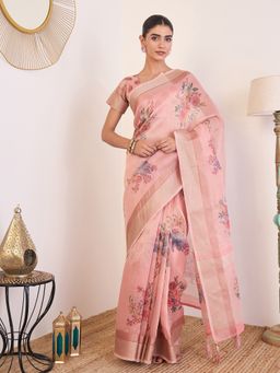 Akhilam - Chanderi Cotton Pink Saree with Unstitched Blouse