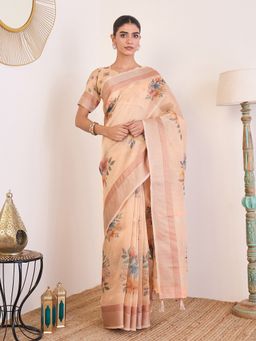 Akhilam - Chanderi Cotton Peach Saree with Unstitched Blouse