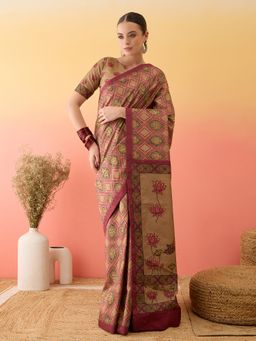 Akhilam - Women Silk Blend Beige Saree with Unstitched Blouse