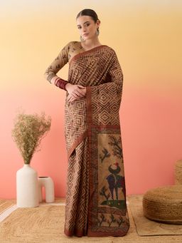 Akhilam - Printed Beige Saree with Unstitched Blouse