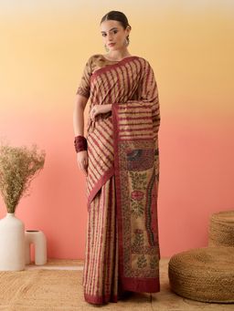 Akhilam - Women Silk Blend Stripes Beige Saree with Unstitched Blouse