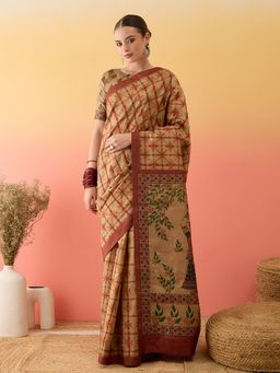Akhilam - Women Printed Beige Saree with Unstitched Blouse