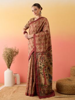 Akhilam - Women Silk Blend Printed Beige Saree with Unstitched Blouse