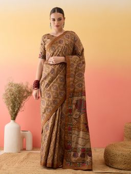 Akhilam - Silk Blend Beige Saree with Unstitched Blouse