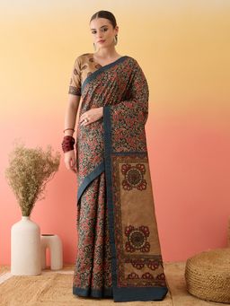 Akhilam - Silk Blend Blue Saree with Unstitched Blouse
