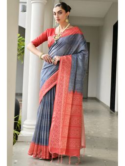 SGF11 - Blue Tussar Silk Printed Saree with Unstitched Blouse