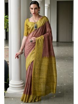 SGF11 - Brown Tussar Silk Printed Saree with Unstitched Blouse