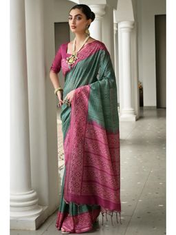 SGF11 - Green Tussar Silk Printed Saree with Unstitched Blouse