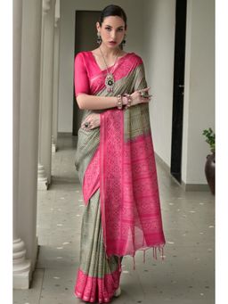 SGF11 - Green Tussar Silk Printed Saree with Unstitched Blouse