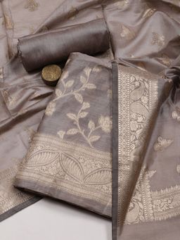 MEENA BAZAAR - Woven Grey Chanderi Unstitched Dress Material