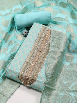 MEENA BAZAAR - Woven Green Chanderi Unstitched Dress Material