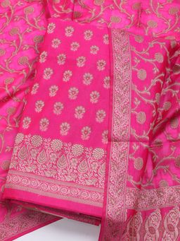 MEENA BAZAAR - Printed Pink Chanderi Unstitched Dress Material