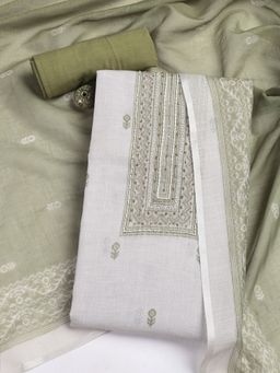 MEENA BAZAAR - Embroidered Beige Linen Unstitched Dress Material