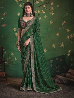 MEENA BAZAAR - Geometric Green Georgette Saree with Unstitched Blouse
