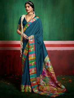 MEENA BAZAAR - Woven Art Silk Blue Saree with Unstitched Blouse