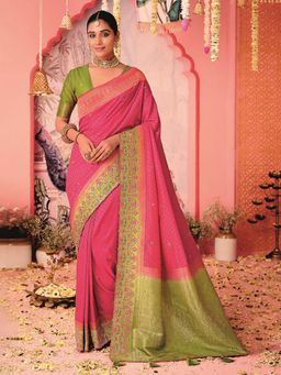 MEENA BAZAAR - Woven Pink Art Silk Saree with Unstitched Blouse