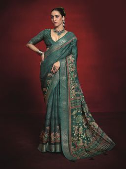 MEENA BAZAAR - Woven Art Silk Blue Saree with Unstitched Blouse