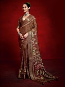 MEENA BAZAAR - Woven Brown Art Silk Saree with Unstitched Blouse