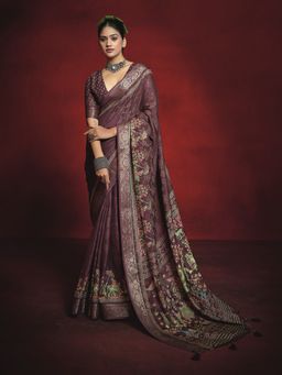 MEENA BAZAAR - Woven Wine Art Silk Saree with Unstitched Blouse