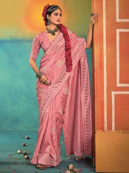 MEENA BAZAAR - Woven Pink Art Silk Saree with Unstitched Blouse