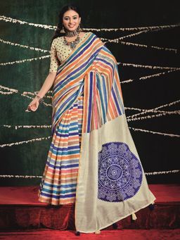 MEENA BAZAAR - Stripes Cream Chanderi Saree with Unstitched Blouse
