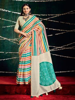 MEENA BAZAAR - Stripes Green Chanderi Saree with Unstitched Blouse