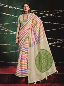 MEENA BAZAAR - Stripes Cream Chanderi Saree with Unstitched Blouse