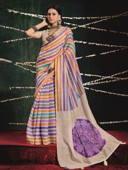MEENA BAZAAR - Stripes Cream Chanderi Saree with Unstitched Blouse