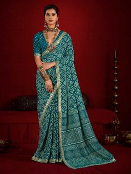 MEENA BAZAAR - Printed Blue Art Silk Saree with Unstitched Blouse