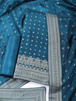 MEENA BAZAAR - Woven Blue Art Silk Unstitched Dress Material