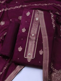 MEENA BAZAAR - Woven Wine Chanderi Unstitched Dress Material