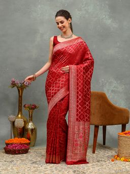 MEENA BAZAAR - Woven Maroon Art Silk Saree with Unstitched Blouse