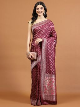 MEENA BAZAAR - Woven Wine Art Silk Saree with Unstitched Blouse
