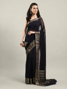 MEENA BAZAAR - Woven Black Chiffon Saree with Unstitched Blouse