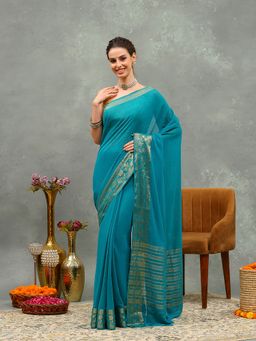 MEENA BAZAAR - Woven Blue Chiffon Saree with Unstitched Blouse