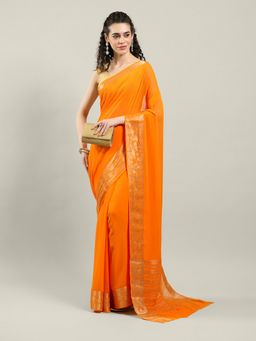 MEENA BAZAAR - Woven Mustard Chiffon Saree with Unstitched Blouse