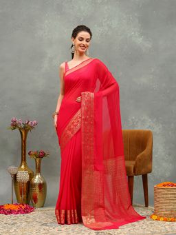 MEENA BAZAAR - Woven Pink Chiffon Saree with Unstitched Blouse