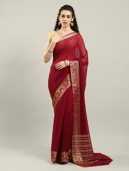 MEENA BAZAAR - Woven Wine Chiffon Saree with Unstitched Blouse