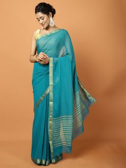 MEENA BAZAAR - Woven Green Chiffon Saree with Unstitched Blouse