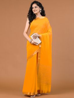 MEENA BAZAAR - Woven Mustard Chiffon Saree with Unstitched Blouse