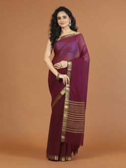 MEENA BAZAAR - Woven Wine Chiffon Saree with Unstitched Blouse